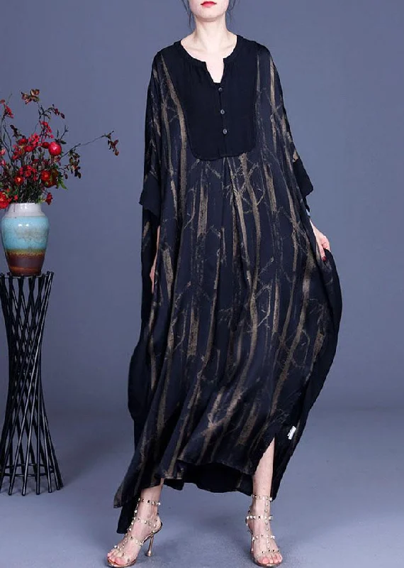 Casual Black V Neck Print Patchwork Silk Summer Dresses Batwing Sleeve Sporty Women's Athleisure 