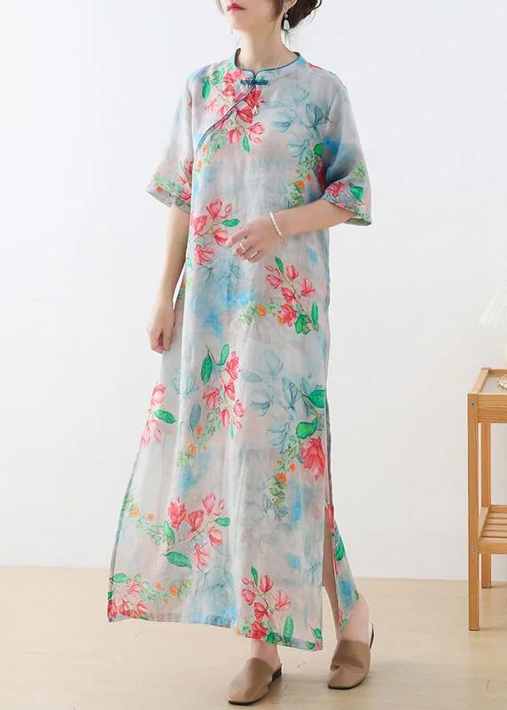 Casual Blue Print Oriental Dresses Summer Ramie Elegant Women's Formal 