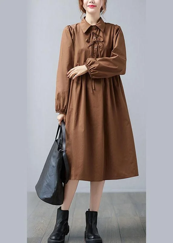 Casual Caramel Peter Pan Collar Patchwork Button Fall Vacation Dresses Long sleeve Disco
