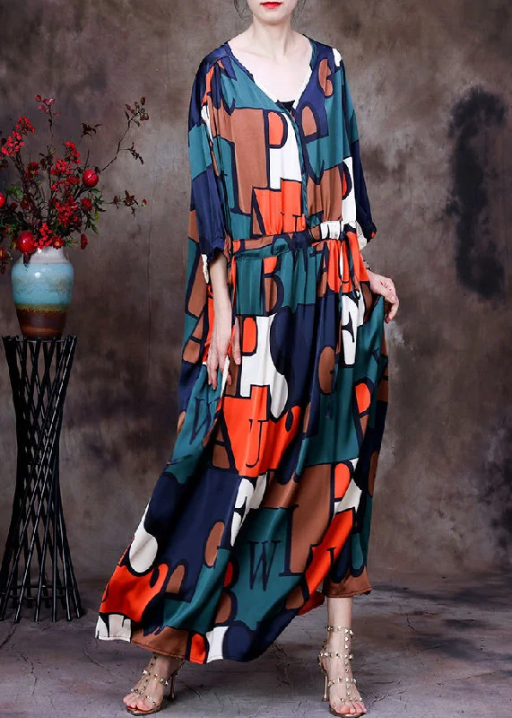 Casual Colorblock V Neck Drawstring Letter Print Chiffon Long Dresses Summer Earthy Women's Hemp - based