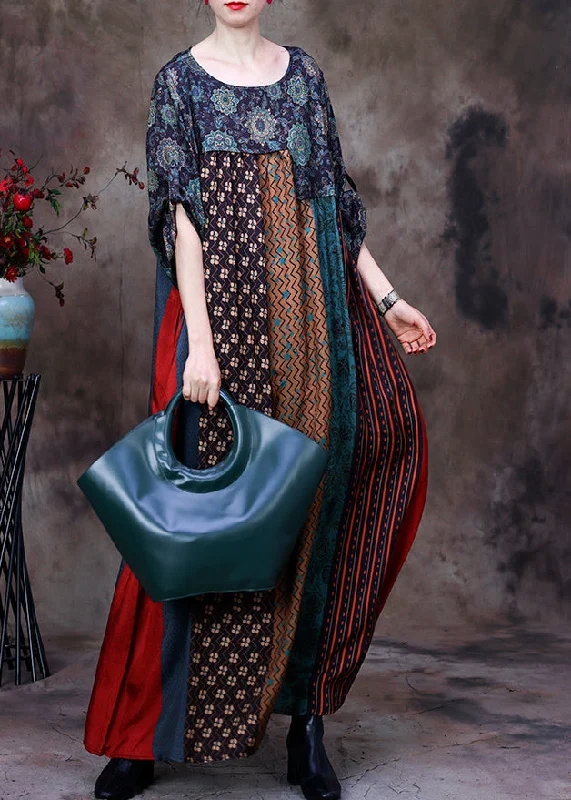 Casual Green O-Neck Print Patchwork Silk Long Dresses Long Sleeve Athletic Women's 