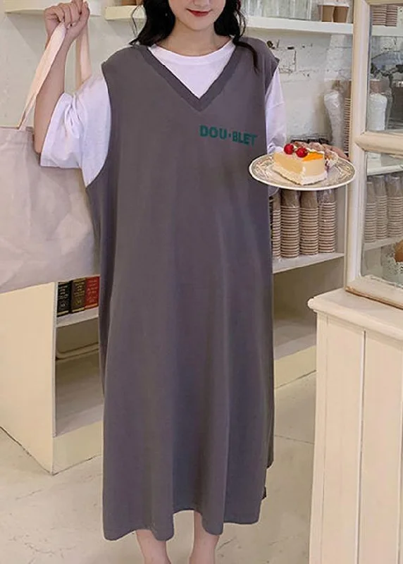 Casual Grey Graphic Cotton Short Sleeve Summer Maxi Dresses Gym