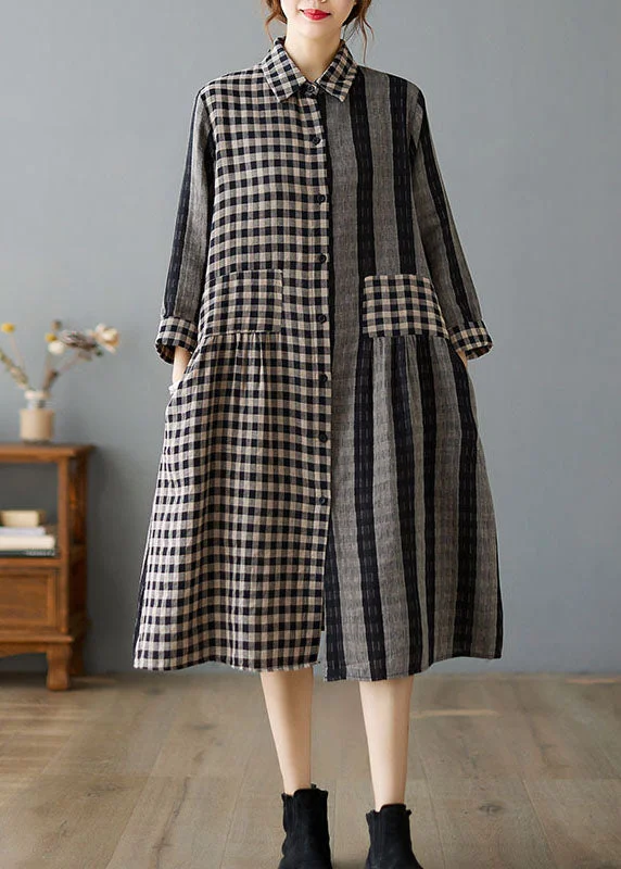 Casual Khaki Peter Pan Collar Plaid Cotton Dresses Spring Preppy Women's College