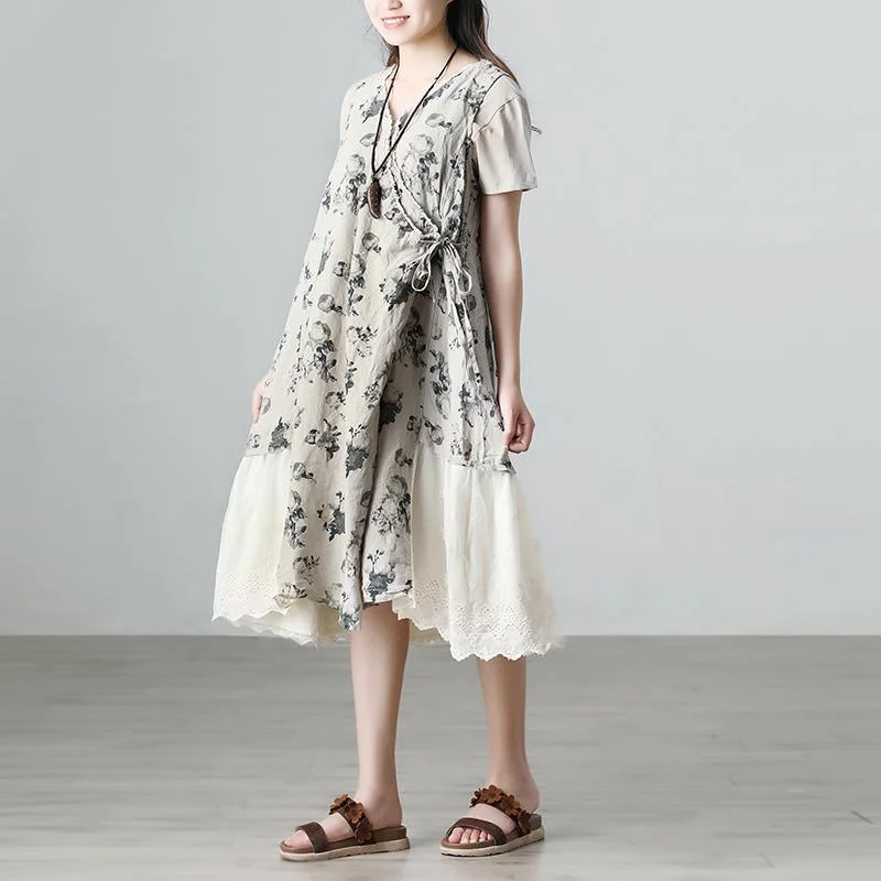 Casual Summer Short Sleeve Floral Beige Long Dresses Trendy Women's 