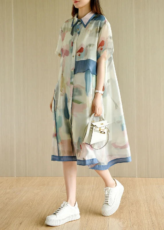 Casual Light Green Asymmetrical Design Print Silk Loose Dresses Short Sleeve Hip Women's Retro