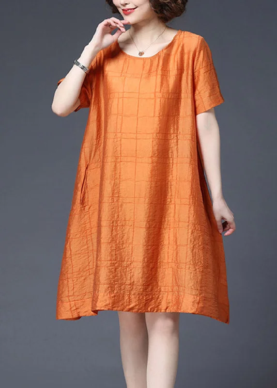 Casual Orange O-Neck Plaid Pockets Shift Dresses Short Sleeve Minimalist Women's Casual