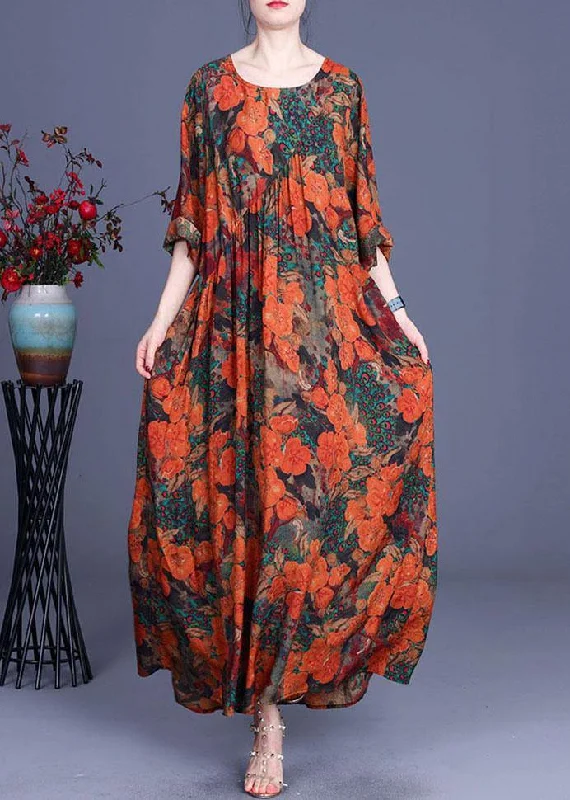 Casual Orange Print O-Neck Asymmetrical Design Summer Silk Cute Long Dresses Refined Women's Classic 