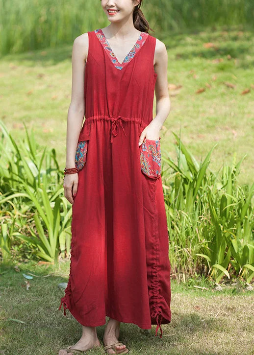 Casual Red V Neck drawstring pocket Patchwork Vacation Dresses Sleeveless Vintage Women's 1970S 