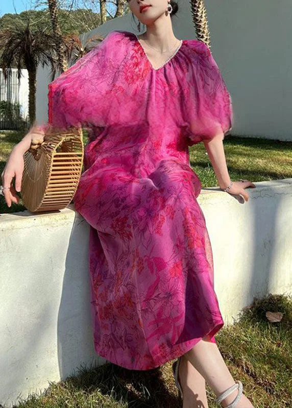Casual Rose V Neck Print Silk Long Dresses Puff Sleeve Relaxed Women's Beachy