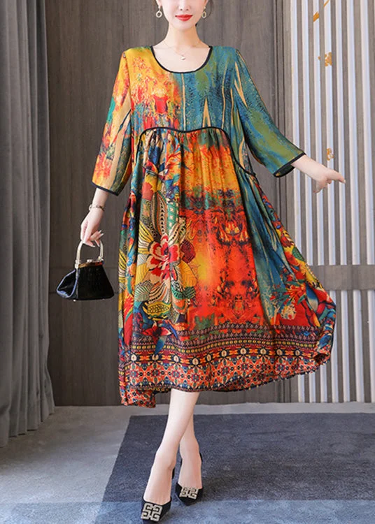 Casual Yellow Floral O-Neck Print Drawstring Long Dresses Summer Modern Women's 