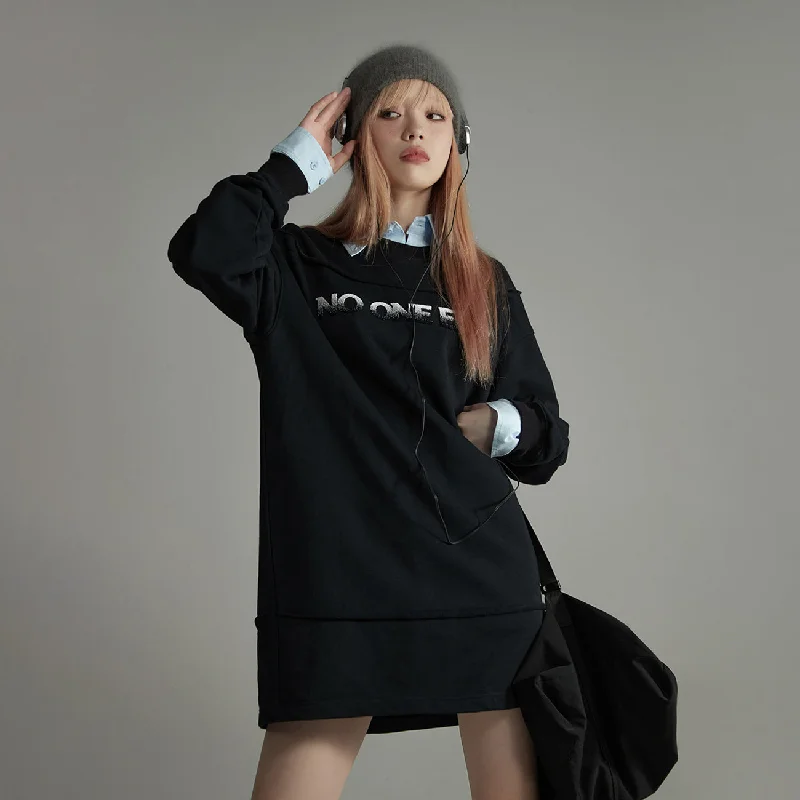 Lettering Round-Neck Loose Fit Dress Polished Women's Silk