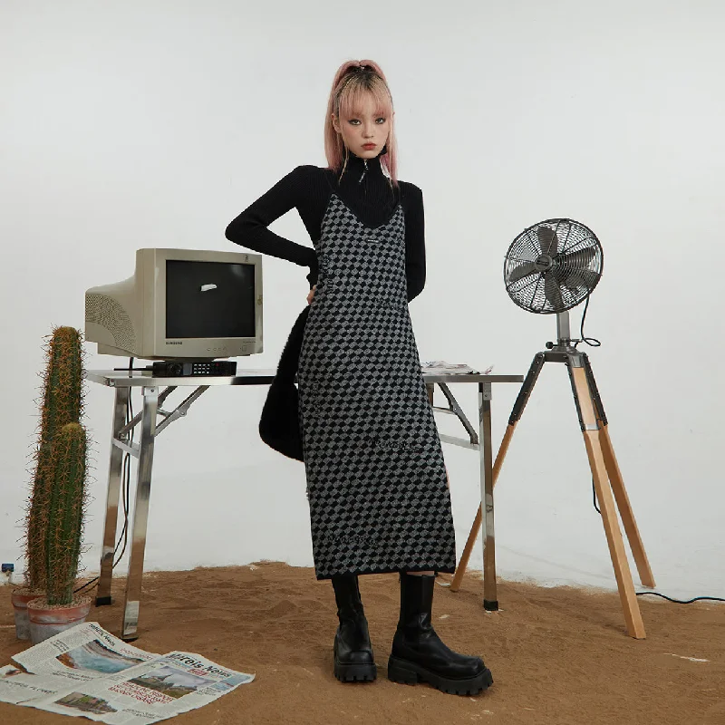 A-Line Slit Check Sleeveless Dress Dynamic Women's High - energy