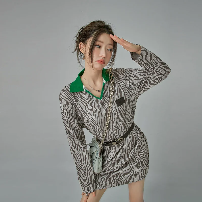 Zebra Print Mini Polo Dress Stylish Women's Neon