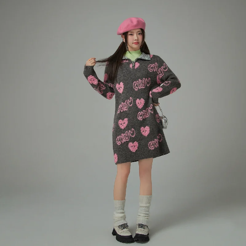 Chuu Heart Half Zip-Up Dress Casual Women's Loose - fitting
