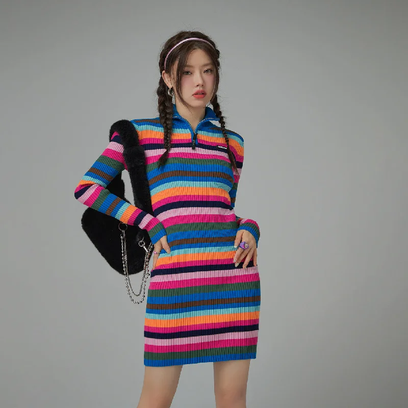 Colorful Skies Rainbow Striped Knit Dress Sophisticated Women's Tailored