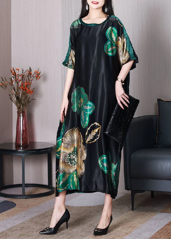 Chic Black O Neck Print Loose Silk Dresses Short Sleeve Refined Women's Velvet