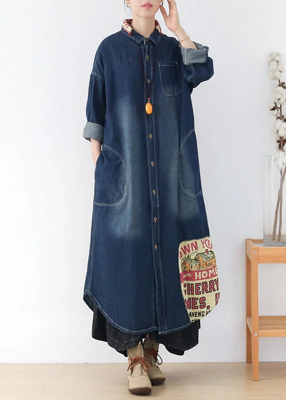 Chic Blue Peter Pan Collar Patchwork Letter Print Button Pockets Cotton Denim Dresses Long Sleeve Dapper Women's Bow - adorned