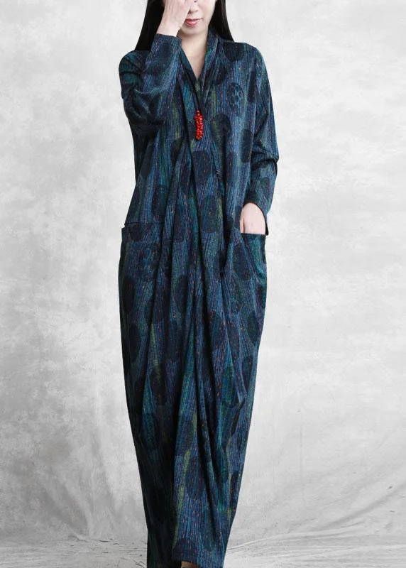 Chic Blue V Neck Pockets Fall Print Maxi Dresses Long sleeve Rugged Women's Outdoor 