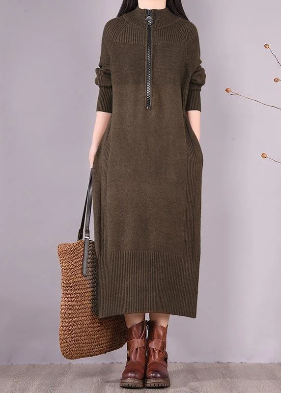 Chic Chocolate Dresses Zippered Pockets Maxi Spring Dress Sharp Women's Italian