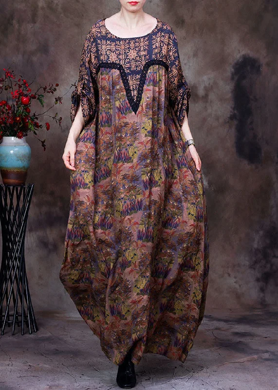 Chic Coffee O-Neck Lace Patchwork Print Silk Dresses Long Sleeve Geometric