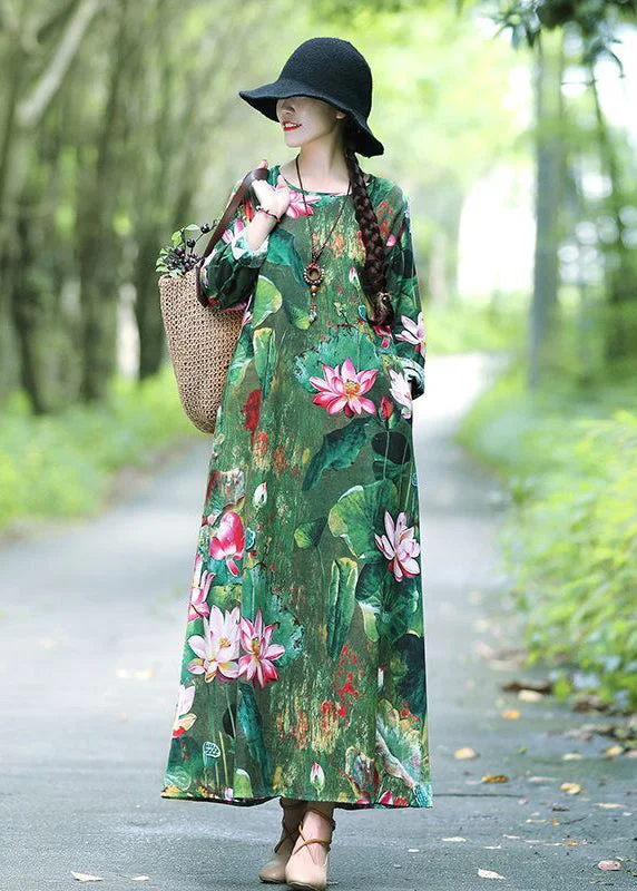 Chic Green Lotus Print Oversized Cotton A Line Dresses Spring Youthful Women's Anime - inspired