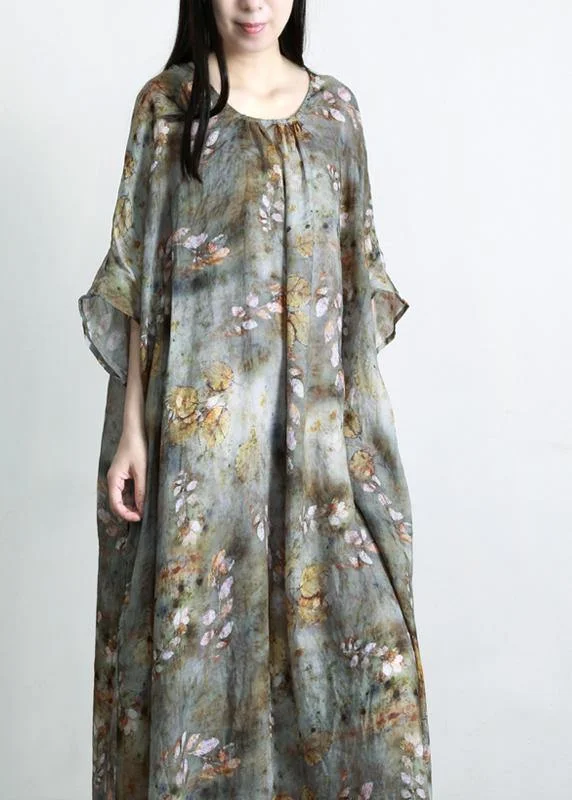 Chic Grey Green Print Linen Pockets Summer Dresses Sophisticated Women's 