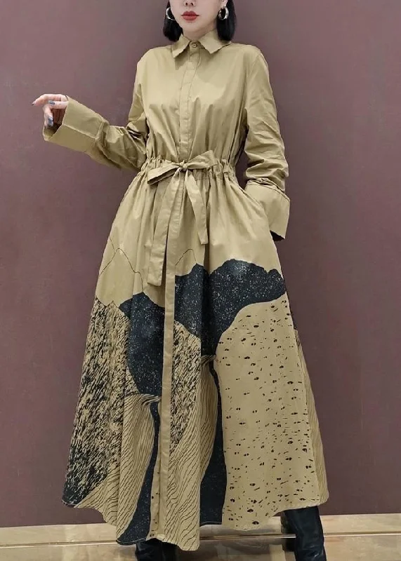 Chic Khaki Print Tunics Lapel Drawstring Robes Spring Dresses Laid - back Women's Style