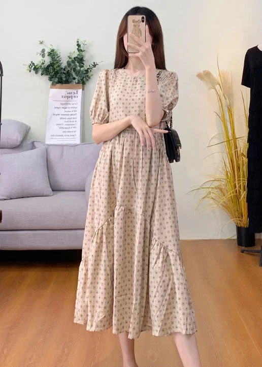 Chic Khaki Puff Sleeve Patchwork Print Cotton Dresses Women