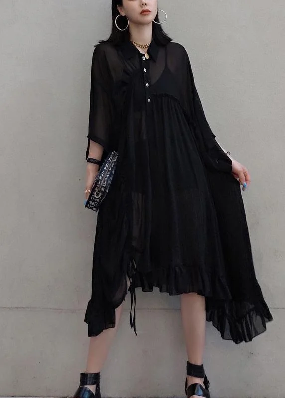 Chic Lapel Asymmetric Spring Quilting Dresses Design Black Long Dresses French