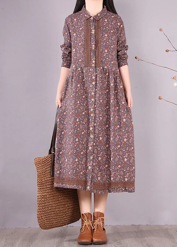 Chic Lapel Lace Spring Quilting Dresses Catwalk Purple Print Long Dresses Street