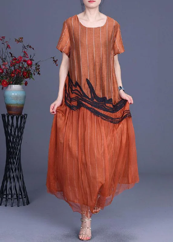 Chic Orange Embroidery Patchwork Summer Silk Dresses Short Sleeve Laid - back Women's Vibe Chic Orange Embroidery Patchwork Summer Silk Dresses Short Sleeve Laid - back Women's Vibe