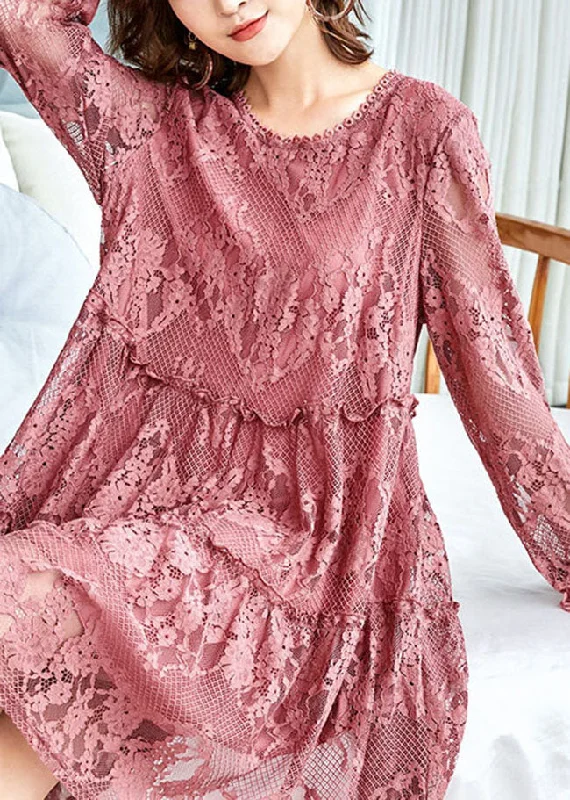 Chic Pink O Neck Wrinkled Patchwork Lace Mid Dresses Spring Polished Women's Silk