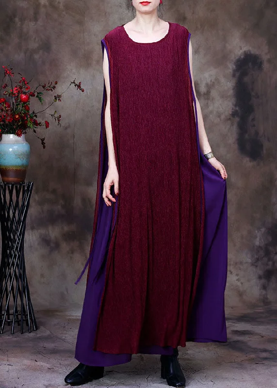 Chic Purple Patchwork O-Neck Silk Fake Two Piece Long Dresses Sleeveless Casual Women's Loose - fitting Chic Purple Patchwork O-Neck Silk Fake Two Piece Long Dresses Sleeveless Casual Women's Loose - fitting