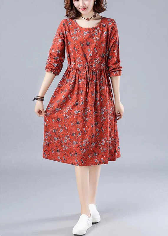 Chic Red Print Wardrobes O Neck Drawstring Loose Spring Dresses Practical Women's Quick - dry