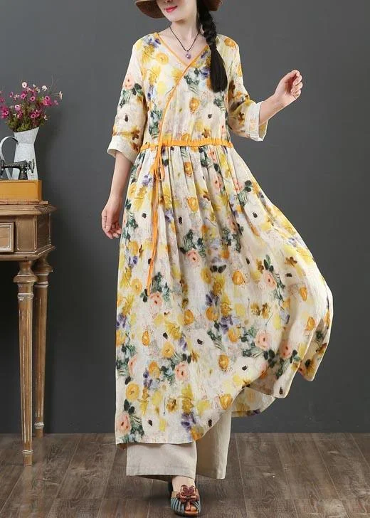 Chic Yellow Print Linen Dress V Necktie waist Summer Robe Dresses Cool Women's Distressed Chic Yellow Print Linen Dress V Necktie waist Summer Robe Dresses Cool Women's Distressed
