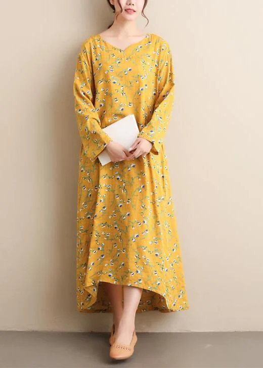 Chic Yellow Print Tunic Pattern V Neck Spring Dresses Feminine Women's Soft 
