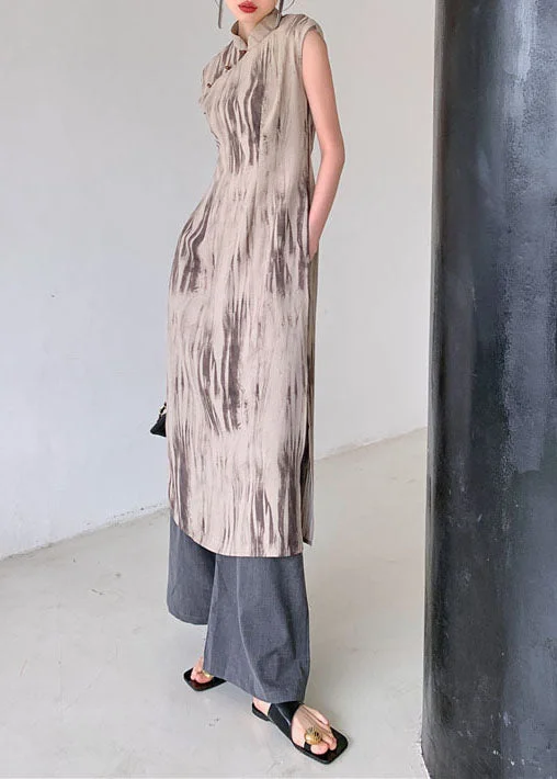 Chinese Style Colorblock Stand Collar Side Open Cotton Dresses Summer Trendy Women's Oversized Chinese Style Colorblock Stand Collar Side Open Cotton Dresses Summer Trendy Women's Oversized