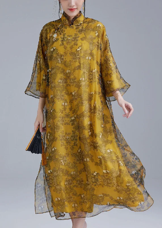 Chinese Style Yellow Mandarin Collar Oriental Button Tulle Silk Cheongsam Dresses Bracelet Sleeve Tough Women's Military - inspired Chinese Style Yellow Mandarin Collar Oriental Button Tulle Silk Cheongsam Dresses Bracelet Sleeve Tough Women's Military - inspired