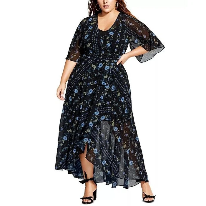 City Chic Women's Floral Print Wrap Maxi Dress Blue Black Size PS - Petite Small