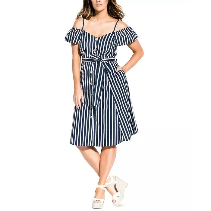 City Chic Women's Stripe Affair Cold Shoulder Dress Blue Size 20W