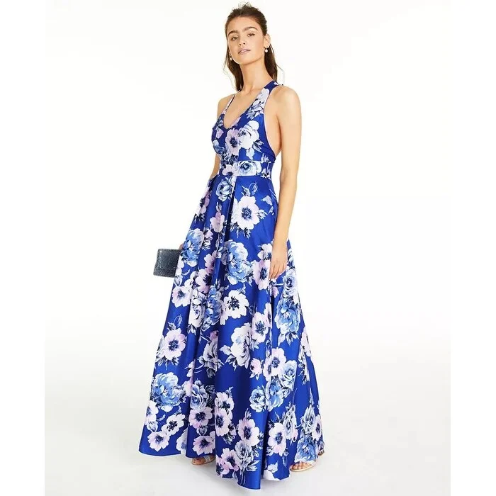 City Studios Juniors' Allover-Floral Gown Blue Size 7