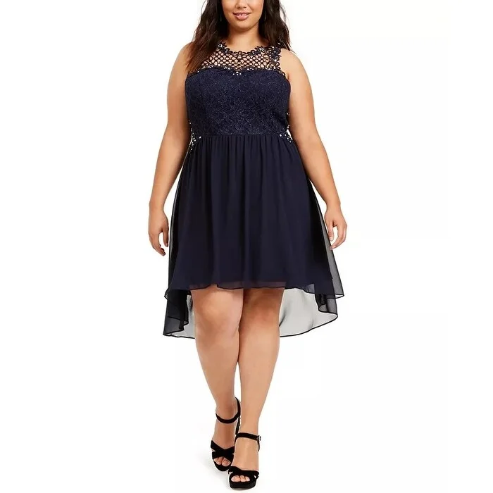 City Studios Junior's Plus High Low Dress Navy Size Petite Small - Petite Small