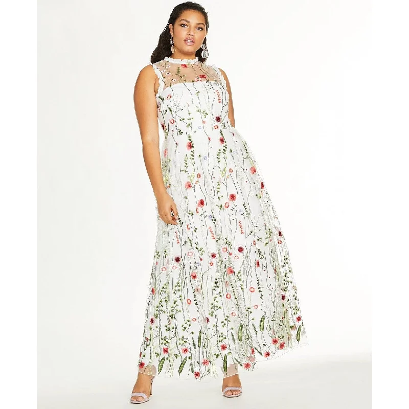 City Studios Women's Trendy Plus Size Embroidered Floral Gown White Size 20W