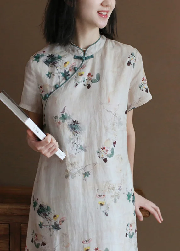 Classy Apricot Mandarin Collar Print Side Open Linen Chinese Style Dresses Short Sleeve Cashmere Classy Apricot Mandarin Collar Print Side Open Linen Chinese Style Dresses Short Sleeve Cashmere