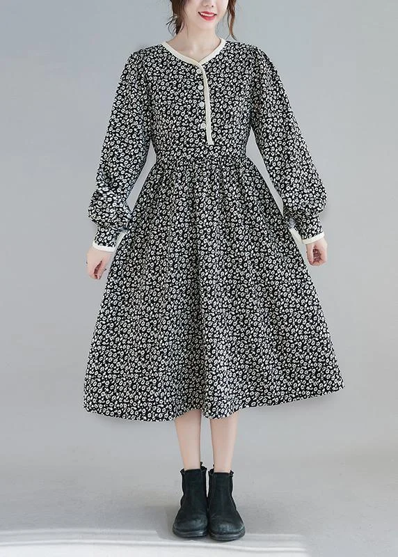 Classy Black Print Clothes Women O Neck Robe Spring Dresses Artistic Women's Hand - painted