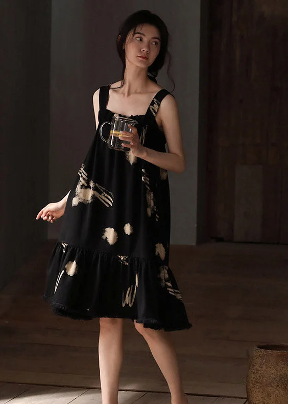 Classy Black Slash Neck Print Cotton Long Dresses Summer Unique Women's Upcycled