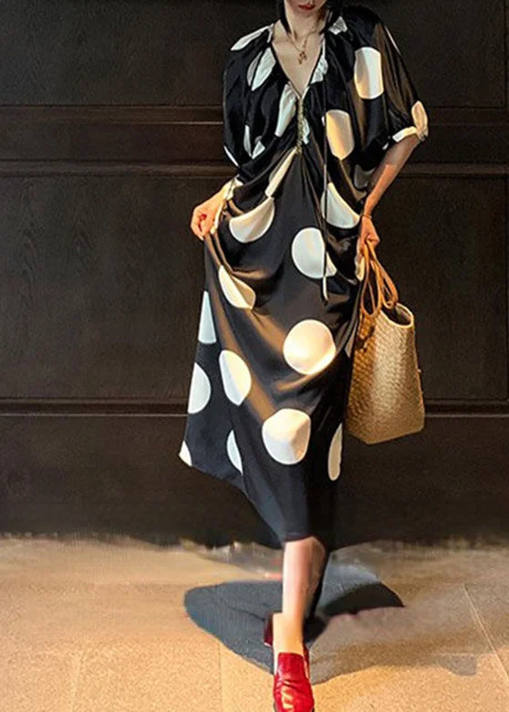 Classy Black V Neck Wrinkled Dot Maxi Dresses Batwing Sleeve Cozy Women's Winter