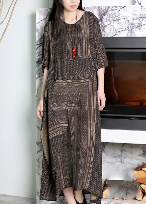Classy Coffee Asymmetrical Striped Patchwork Silk Maxi Dresses Half Sleeve Sustainable Organic Classy Coffee Asymmetrical Striped Patchwork Silk Maxi Dresses Half Sleeve Sustainable Organic