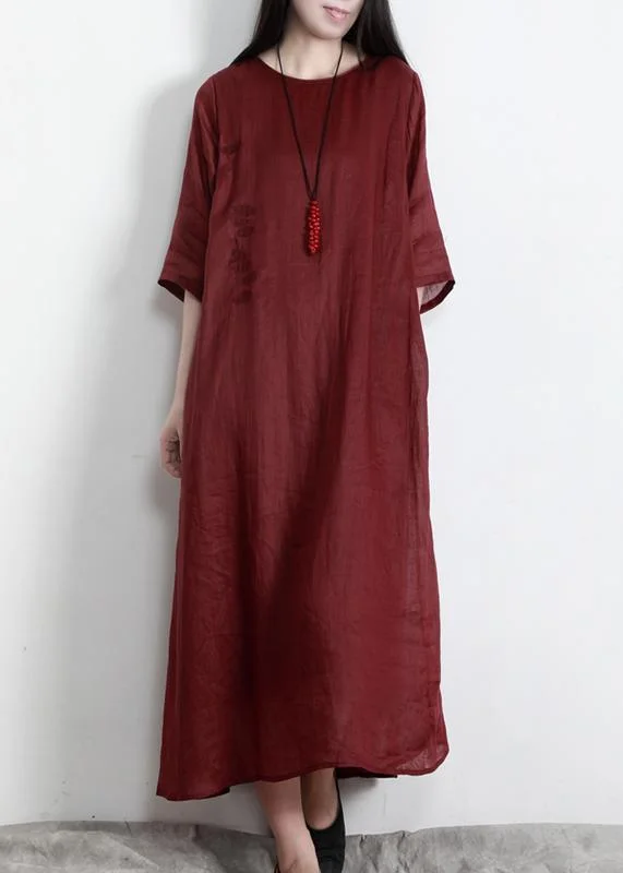 Classy Red O-Neck Linen Half Sleeve Summer Dresses Youthful Women's Pop