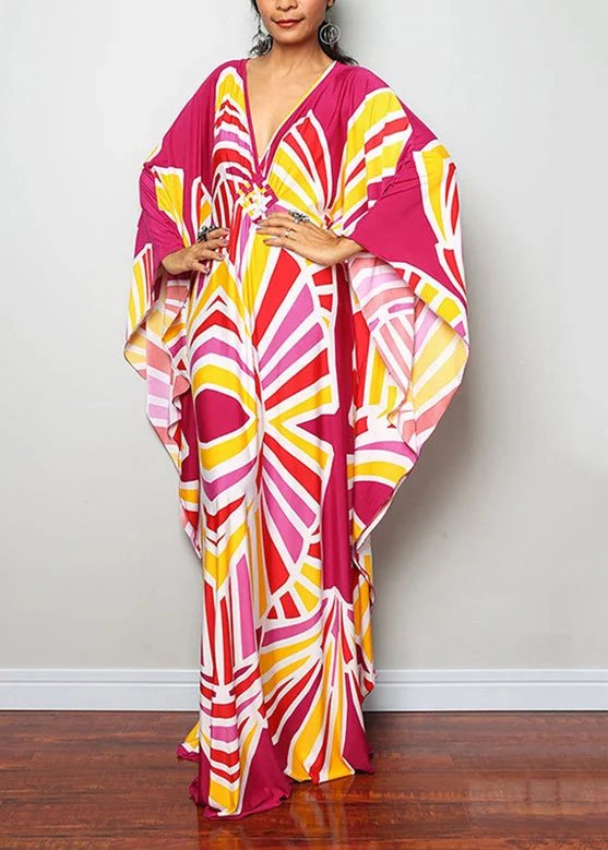 Classy Red Pink Striped V Neck Long Dresses Long Sleeve Stylish Women's Tropical 